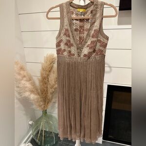 Catherine Malandrino Taupe and Pink Midi Dress -silk and cotton.